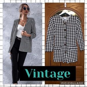 Vintage Morgin Black & White Houndstooth Print Button Front Blazer Dress Coat